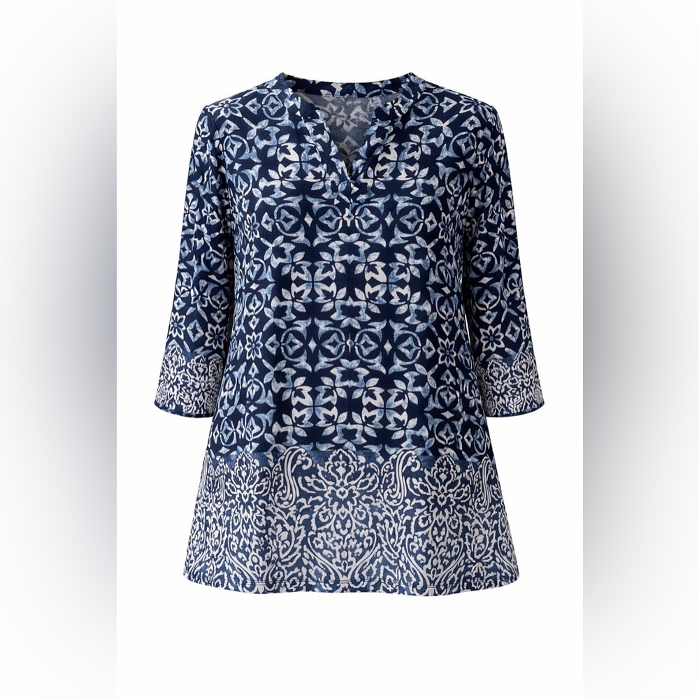 Susan Graver Blue Medallion Print Tunic Top  S Coastal Resort 3/4 Sleeve Blouse - Picture 2 of 6